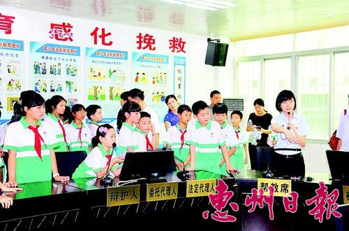 博罗法院巡回法庭走进罗阳镇莲湖小学,学生在听讲解员解说。